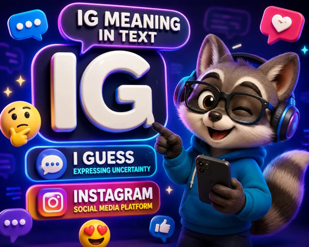 IG meaning in text featured image showing a friendly 3D cartoon raccoon holding a smartphone beside the keyword "IG" with its two common meanings: "I Guess" and "Instagram." The design features colorful chat bubbles, messaging icons, emojis, and a vibrant blue-purple gradient background representing modern texting and social media conversations.