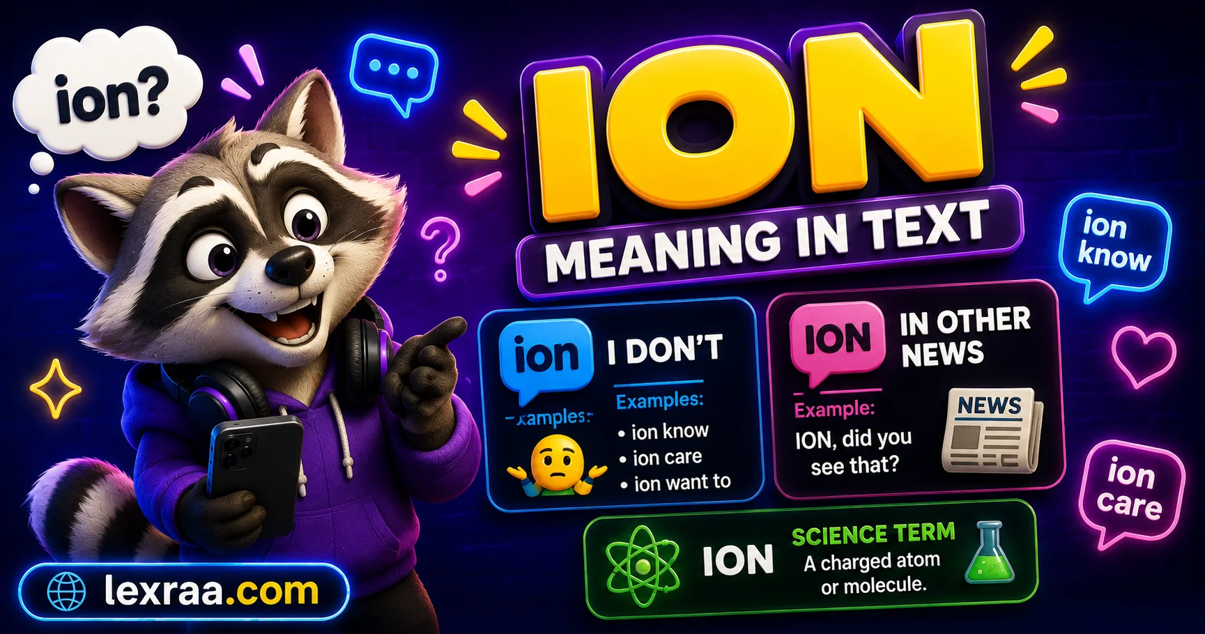 Colorful 3D featured image explaining ION meaning in text, showing its meanings as “I don’t,” “In Other News,” and the science term for a charged atom, with a cartoon raccoon holding a smartphone