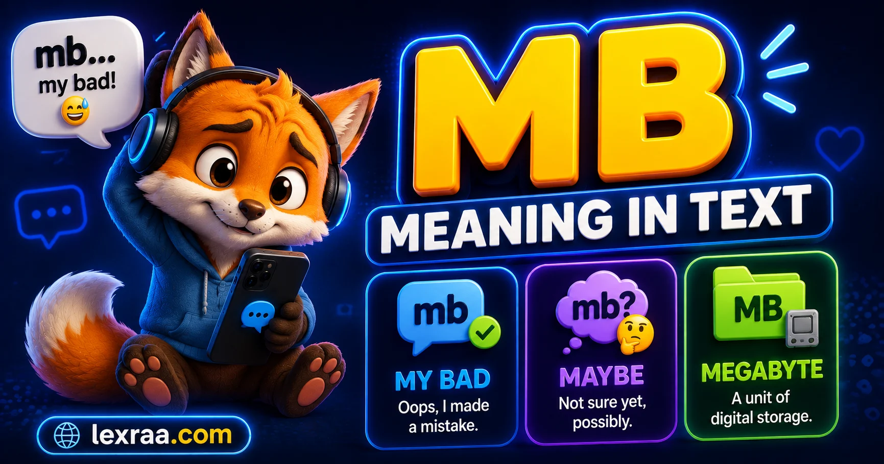Glossy 3D featured image explaining “MB meaning in text,” with a cartoon fox holding a smartphone and visual meanings: My Bad, Maybe, and Megabyte, branded with Lexraa.com.