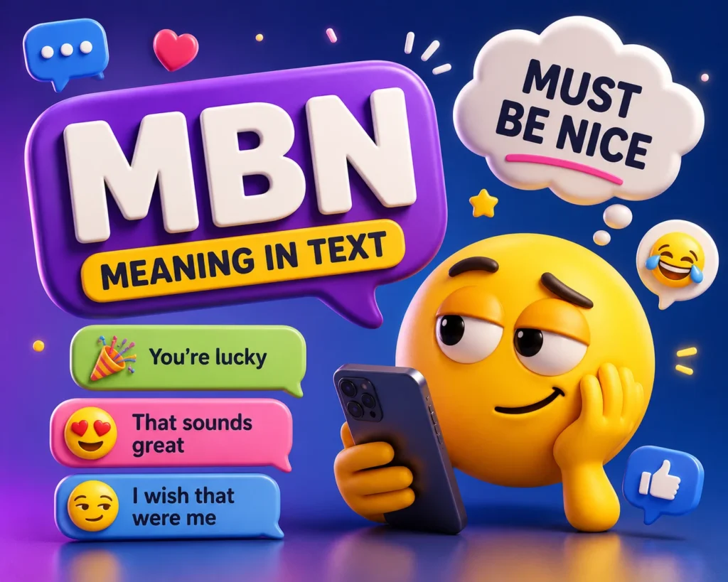 3D featured image for MBN meaning in text showing a thinking emoji holding a smartphone, with the possible meanings Must Be Nice, You're Lucky, That Sounds Great, and I Wish That Were Me, surrounded by colorful chat bubbles, emojis, and messaging icons.