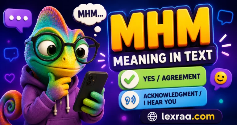 3D cartoon raccoon holding a smartphone beside the text “MHM” and “Yes • Uh-huh • Agreement,” illustrating the meaning of MHM in text, with lexraa.com branding.