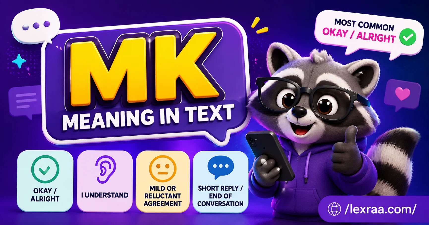 “MK meaning in text explained with a playful raccoon holding a smartphone, showing possible meanings including okay/alright, I understand, mild agreement, and a short reply.”