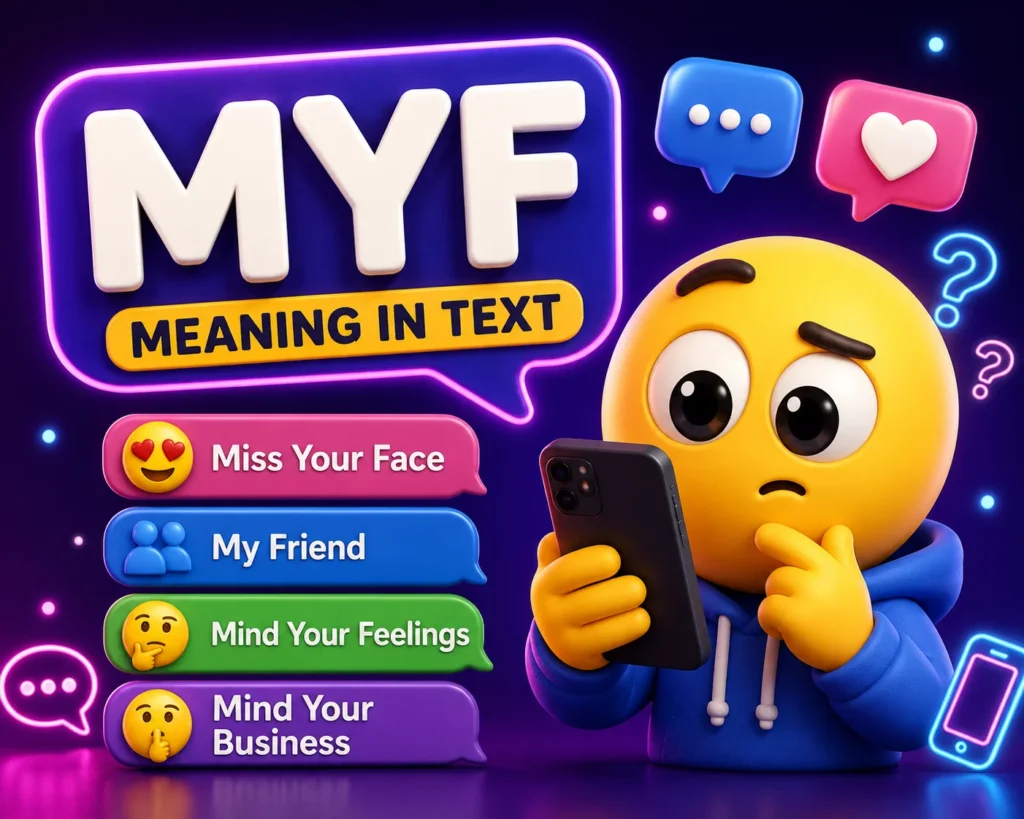 3D featured image for MYF meaning in text showing a curious emoji character holding a smartphone beside the keyword MYF with possible meanings Miss Your Face, My Friend, Mind Your Feelings, and Mind Your Business, surrounded by colorful chat bubbles, messaging icons, and neon social media elements.