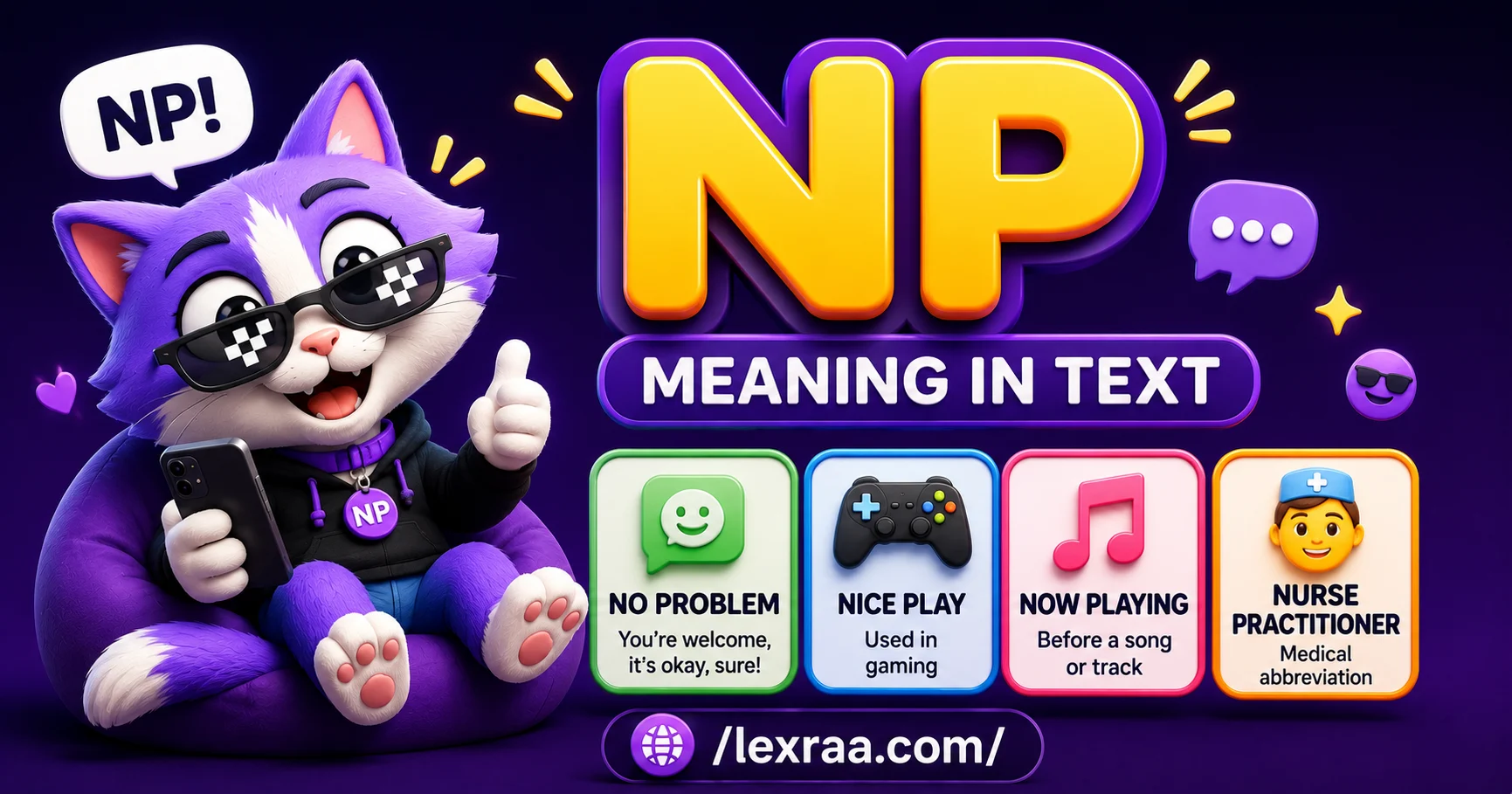 3D purple cat holding a smartphone beside “NP Meaning in Text,” highlighting meanings such as “No Problem,” “Nice Play,” “Now Playing,” and “Nurse Practitioner,”