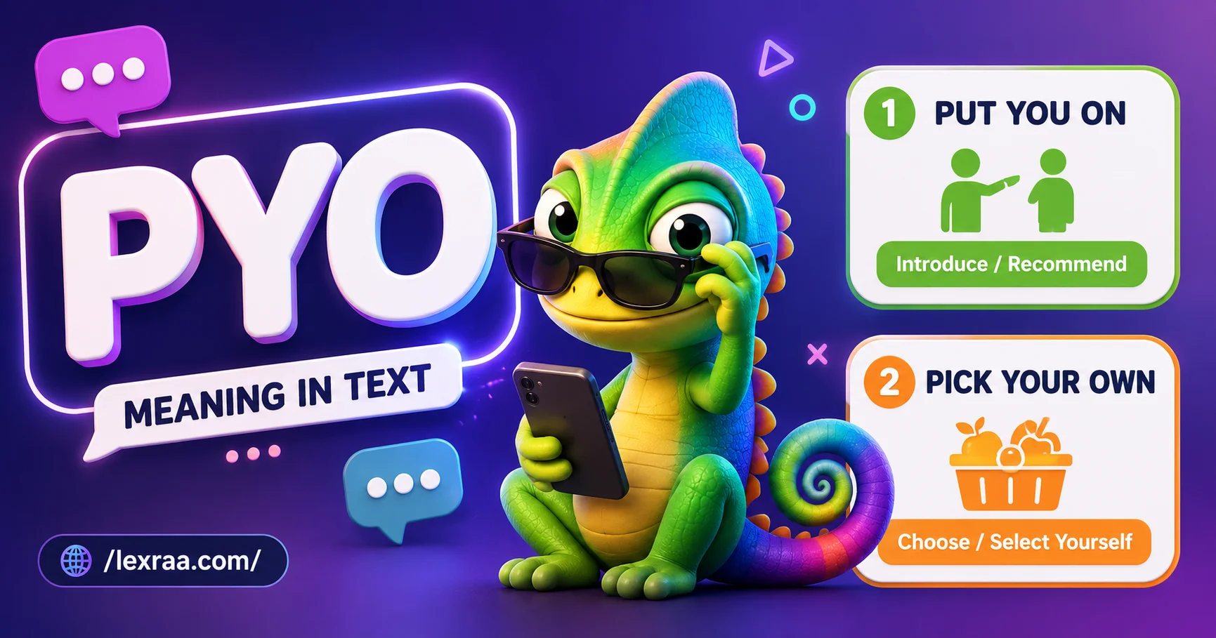 PYO meaning in text featured image with a colorful chameleon holding a smartphone, showing “Put You On” and “Pick Your Own” as the two possible meanings,