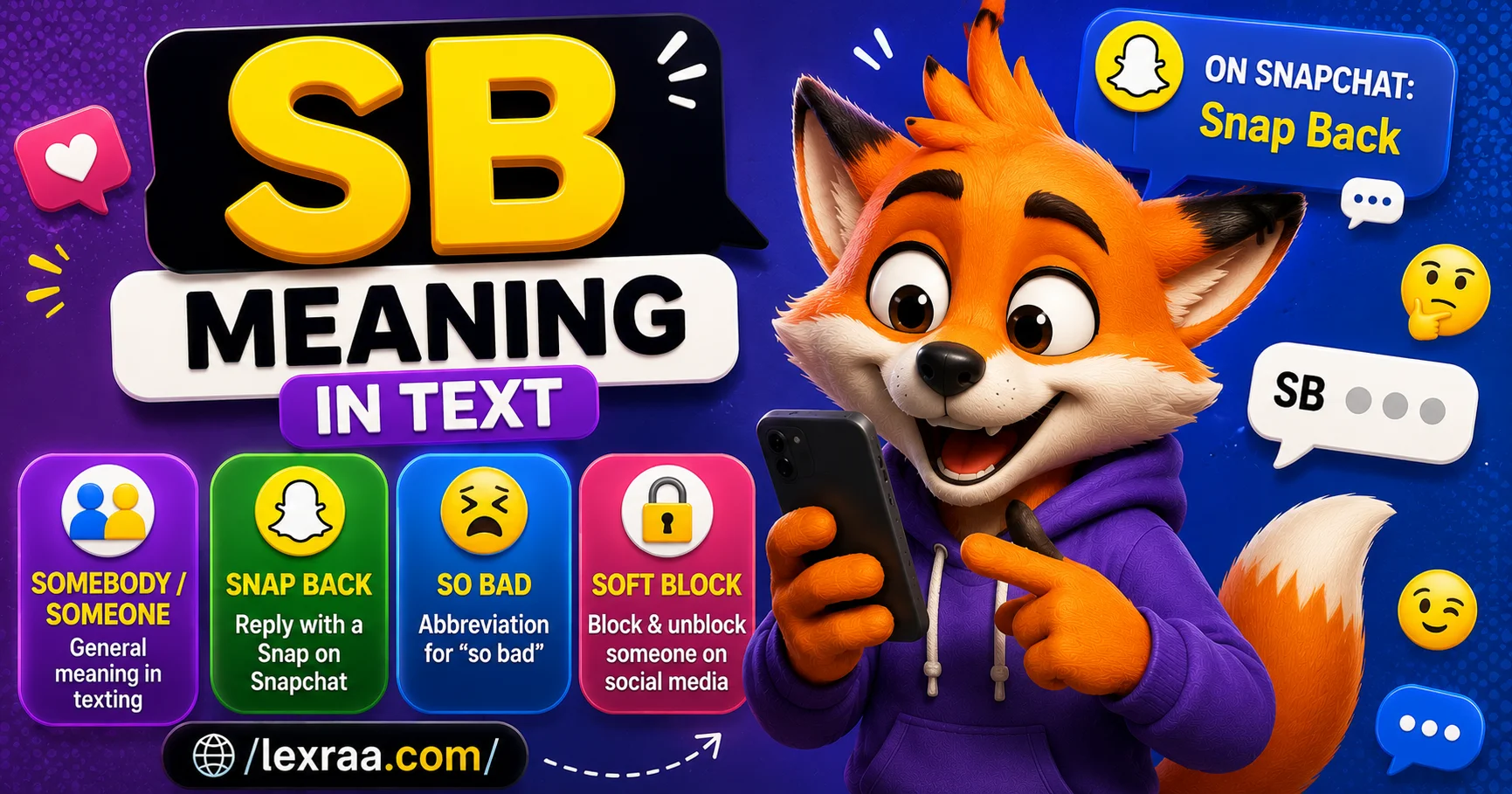 SB meaning in text infographic featuring a cartoon fox using a smartphone, with common meanings including “somebody/someone,” “snap back,” “so bad,” and “soft block.”