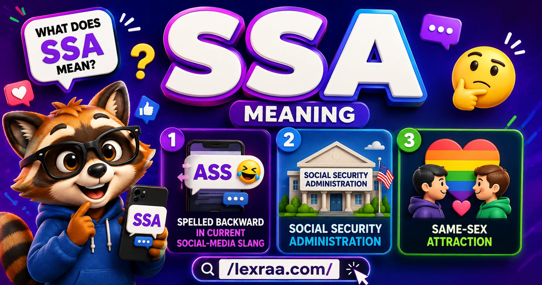 SSA meaning explained with a 3D raccoon character, showing its social-media slang, Social Security Administration, and same-sex attraction meanings.