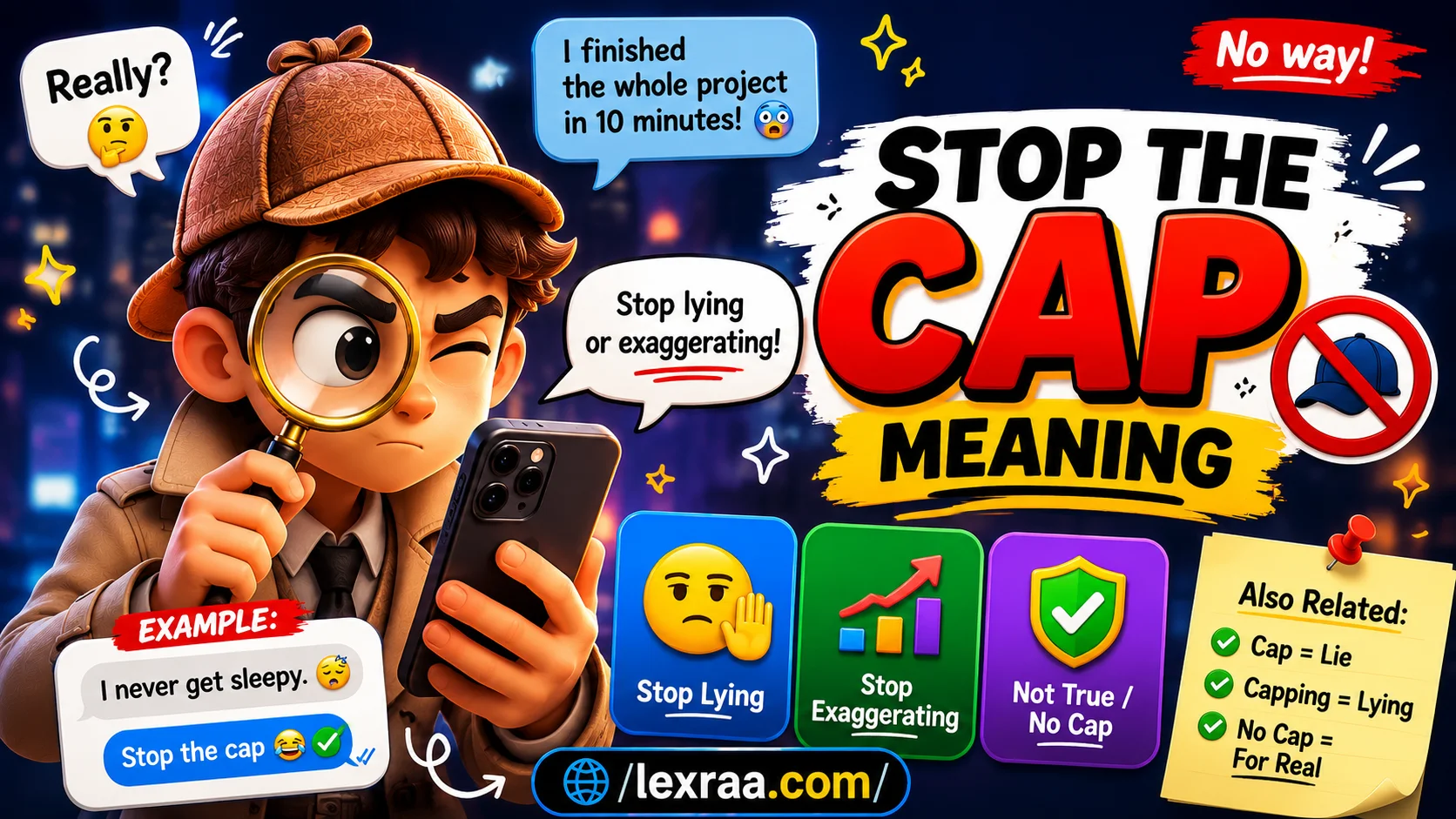 “Stop the cap meaning in text” featured image with a cartoon detective holding a smartphone and magnifying glass, illustrating “stop lying,” “stop exaggerating,” and “not true/no cap.”