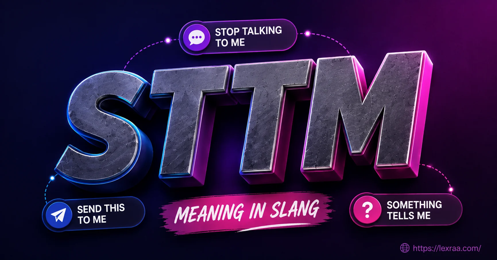 STTM meaning in slang shown as bold 3D typography with labels for “Stop Talking to Me,” “Send This to Me,” and “Something Tells Me” on a dark neon gradient background.