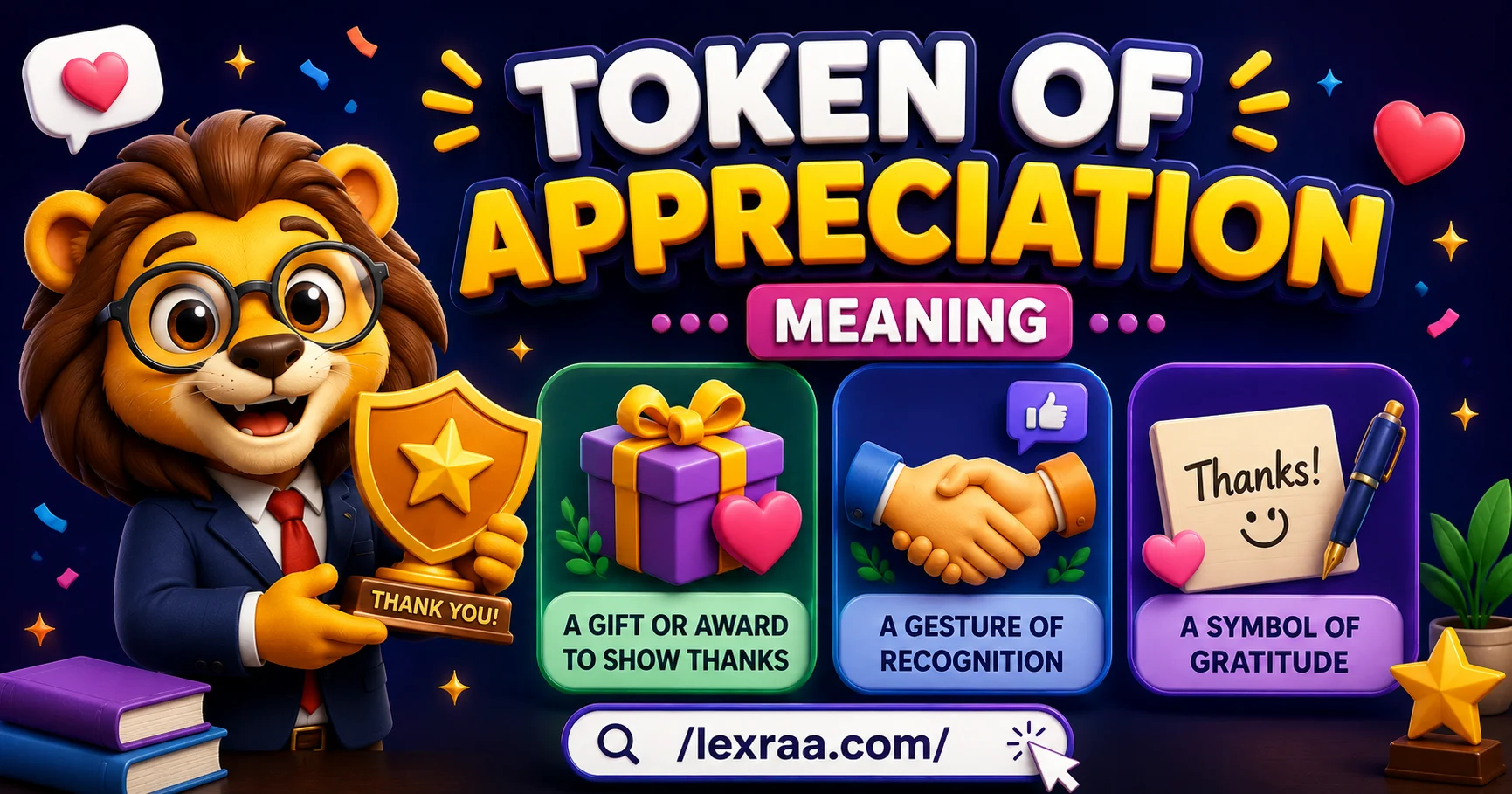 Token of appreciation meaning explained with a 3D lion presenting a thank-you trophy, showing a gift, recognition gesture, and symbol of gratitude.