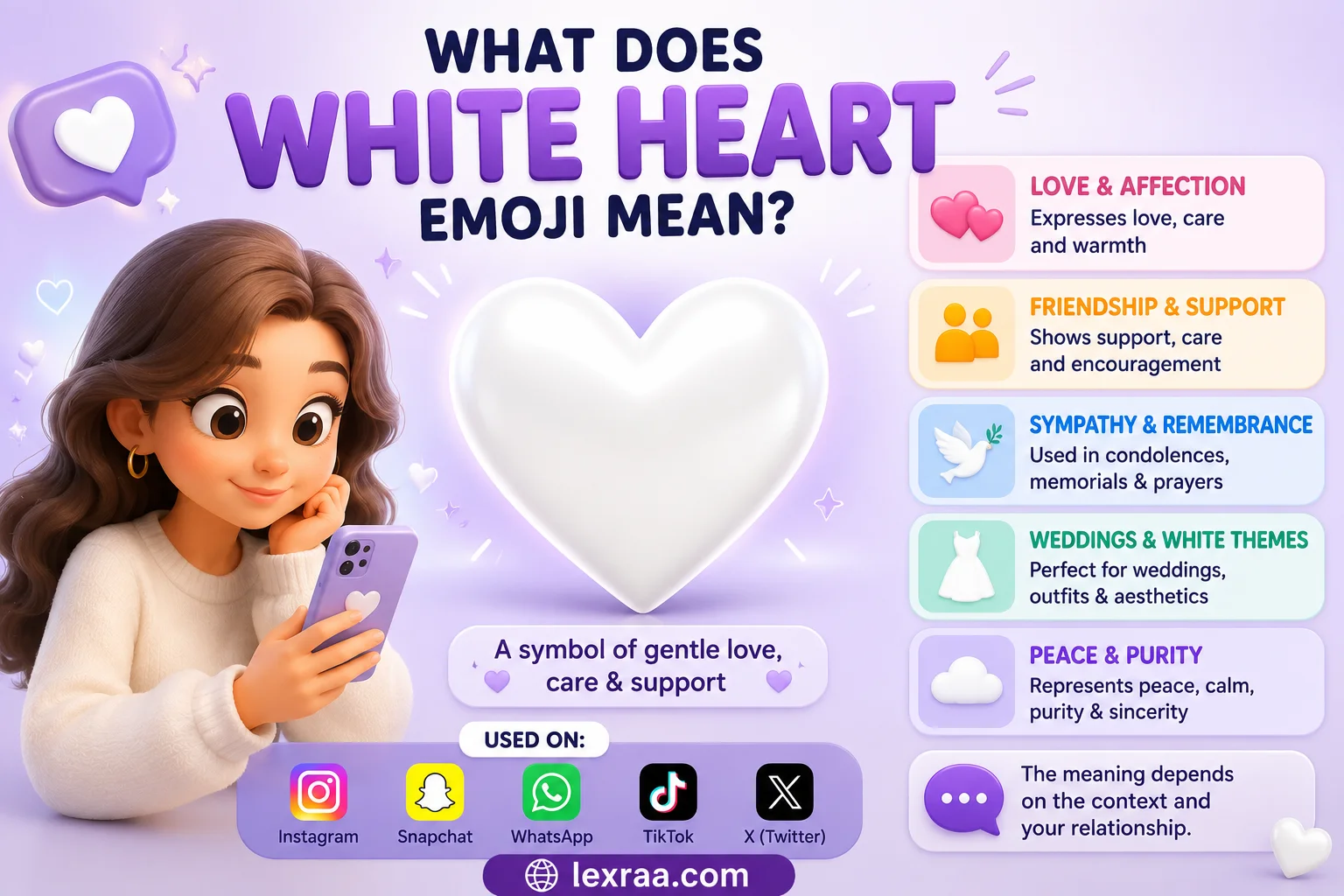 What does the white heart emoji mean? A clean pastel infographic showing a white heart with meanings including love, friendship, support, sympathy, remembrance, peace, and purity.