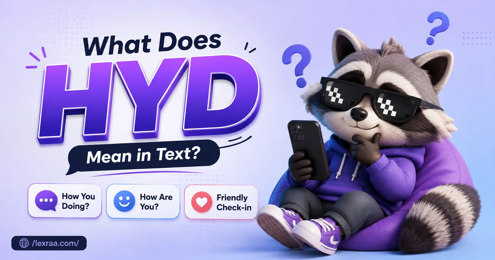 “Infographic explaining what HYD means in text messages, featuring a cartoon raccoon using a smartphone and examples such as ‘How You Doing?’, ‘How Are You?’, and ‘Friendly Check-in.’”