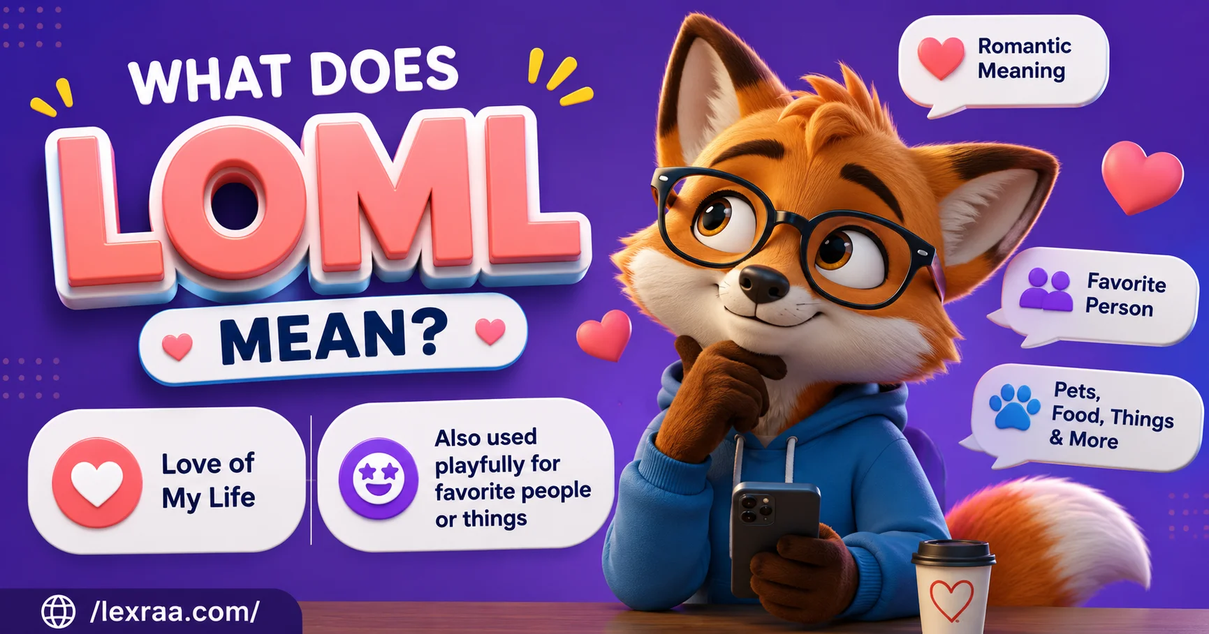 LOML meaning in text, featuring a cartoon fox holding a smartphone with “Love of My Life” and playful uses for favorite people or things, on a colorful modern background.