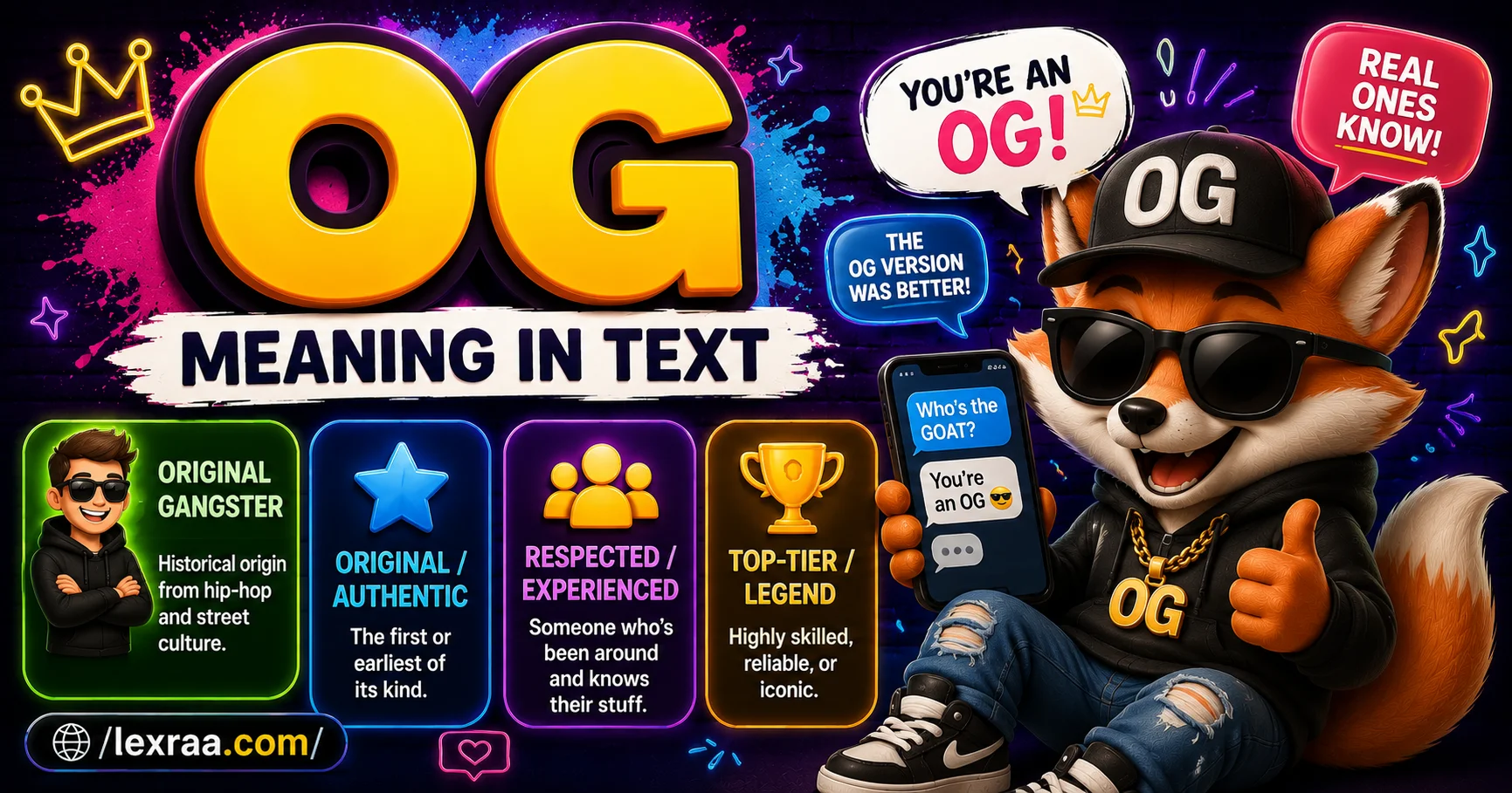 “OG meaning in text” featured image with a stylish 3D chat bubble character holding a smartphone, surrounded by modern messaging elements,