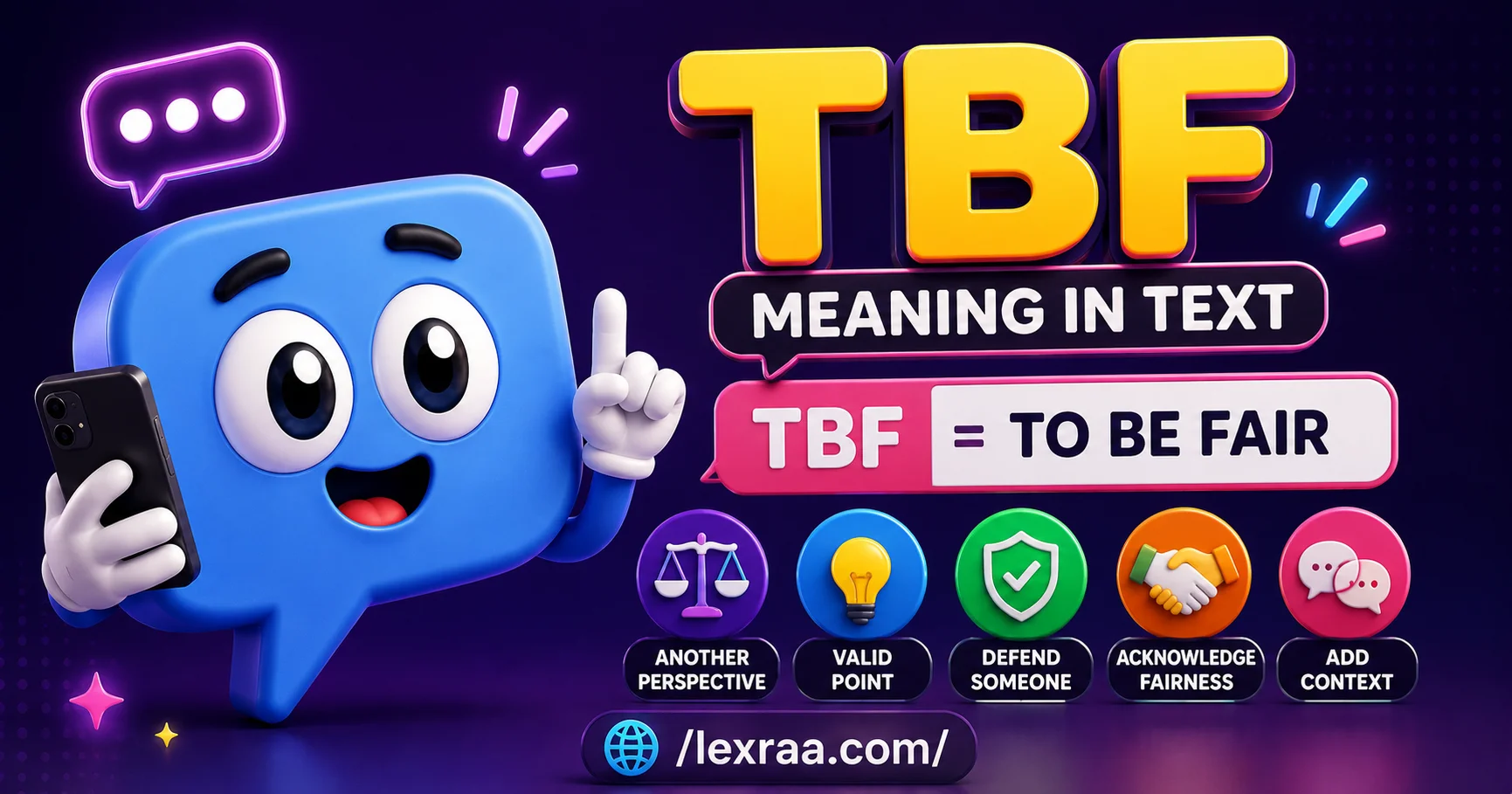 TBF meaning in text, featuring a 3D chat bubble character explaining “to be fair” with a smartphone and messaging-themed icons on a purple background.