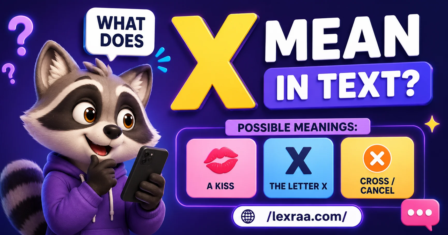 Curious 3D raccoon holding a smartphone beside the text “What Does X Mean in Text?” with possible meanings: a kiss, the letter X, and cross/cancel,