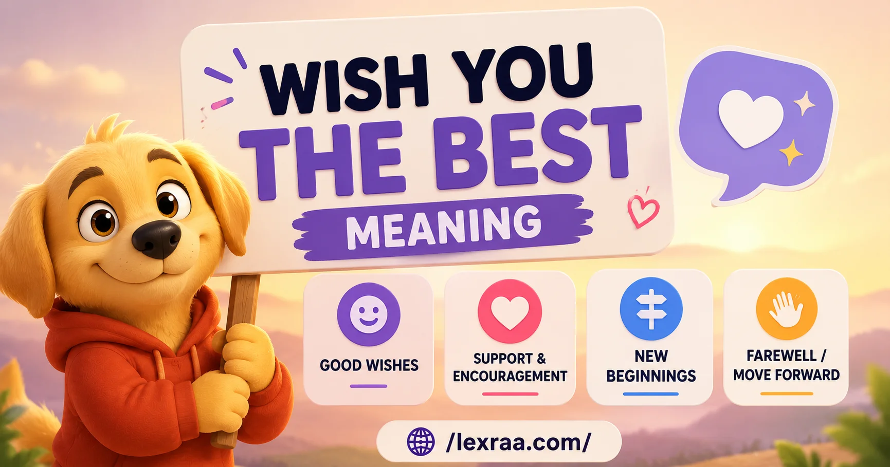Colorful infographic explaining the meaning of ‘Wish You the Best,’ featuring a cartoon dog holding a sign and highlighting good wishes, support and encouragement, new beginnings, and farewell or moving forward.”