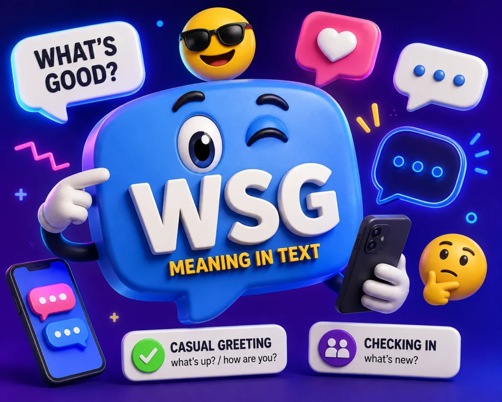 3D blue chat bubble mascot holding a smartphone with “WSG Meaning in Text” displayed, surrounded by speech bubbles, emojis, and the phrases “What’s Good?” and “What’s Up?” on a vibrant purple-blue background.