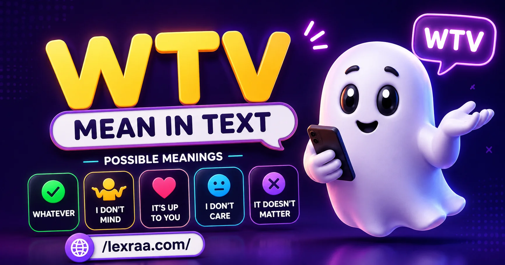 WTV meaning in text explained with a 3D ghost character holding a smartphone and possible meanings including “whatever,” “I don’t mind,” “it’s up to you,” “I don’t care,” and “it doesn’t matter,”