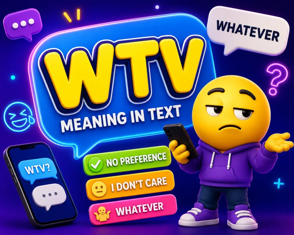 WTV meaning in text, with a 3D emoji character holding a smartphone and colorful chat bubbles showing “Whatever,” “I don’t care,” “No big deal,” and “Anything’s fine.”