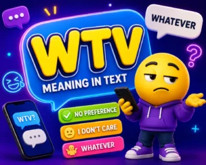 WTV meaning in text, with a 3D emoji character holding a smartphone and colorful chat bubbles showing “Whatever,” “I don’t care,” “No big deal,” and “Anything’s fine.”