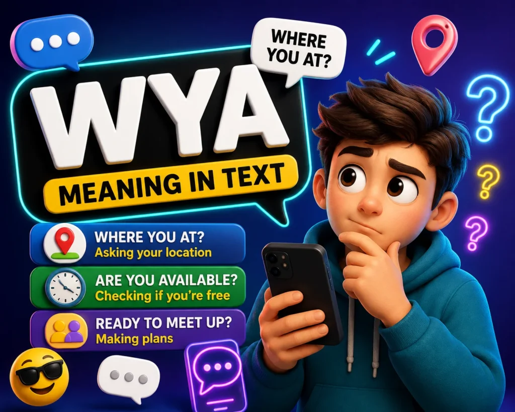 WYA meaning in text featured image showing a colorful 3D Chat Bubble Mascot holding a smartphone with the keyword "WYA" and its possible meaning "Where You At?" surrounded by chat bubbles, message notifications, location pin icons, and modern texting graphics on a vibrant blue-purple gradient background.