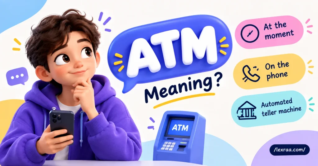 ATM meaning in text, featuring a 3D character holding a smartphone with “At the Moment,” “On the Phone,” and “Automated Teller Machine” shown as possible meanings.