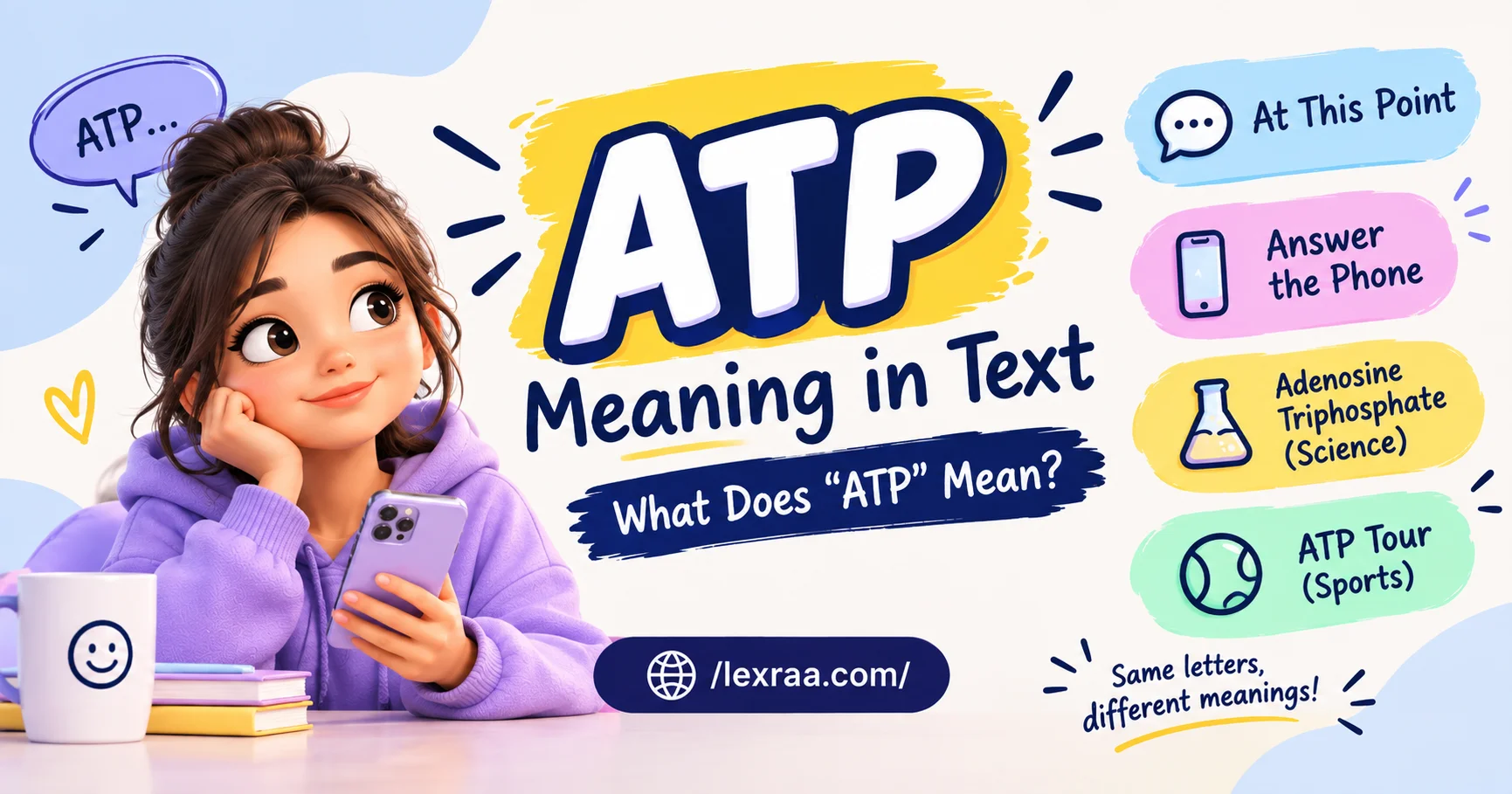 Featured image explaining “ATP meaning in text,” showing a cartoon girl holding a smartphone alongside multiple meanings of ATP, including “At This Point,” adenosine triphosphate, and ATP Tour,