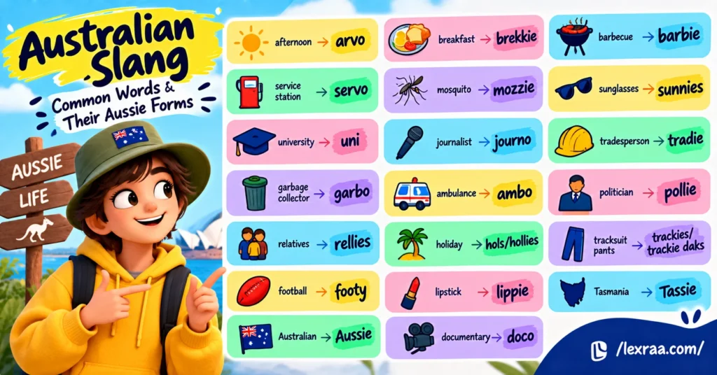 “Australian slang infographic showing common words and their Aussie forms, including ‘arvo,’ ‘brekkie,’ ‘barbie,’ ‘servo,’ ‘mozzie,’ ‘sunnies,’ ‘uni,’ ‘journo,’ ‘tradie,’ ‘garbo,’ ‘ambo,’ ‘pollie,’ ‘rellies,’ ‘hols/hollies,’ ‘trackies/trackie daks,’ ‘footy,’ ‘lippie,’ ‘Tassie,’ ‘Aussie,’ and ‘doco,’