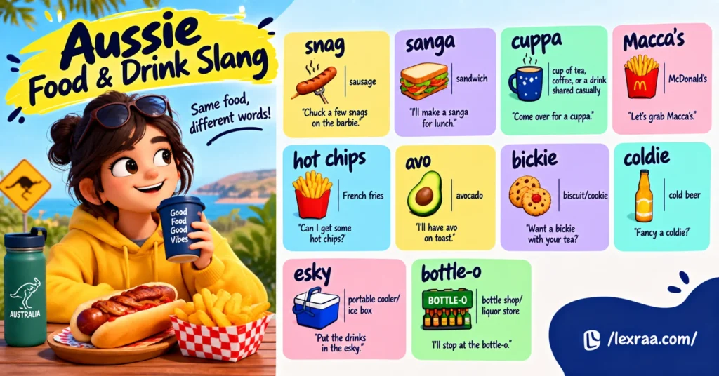 “Aussie food and drink slang infographic featuring a cheerful 3D cartoon character, with ‘snag,’ ‘sanga,’ ‘cuppa,’ ‘Macca’s,’ ‘hot chips,’ ‘avo,’ ‘bickie,’ ‘coldie,’ ‘esky,’ and ‘bottle-o,’ each paired with its meaning and example,