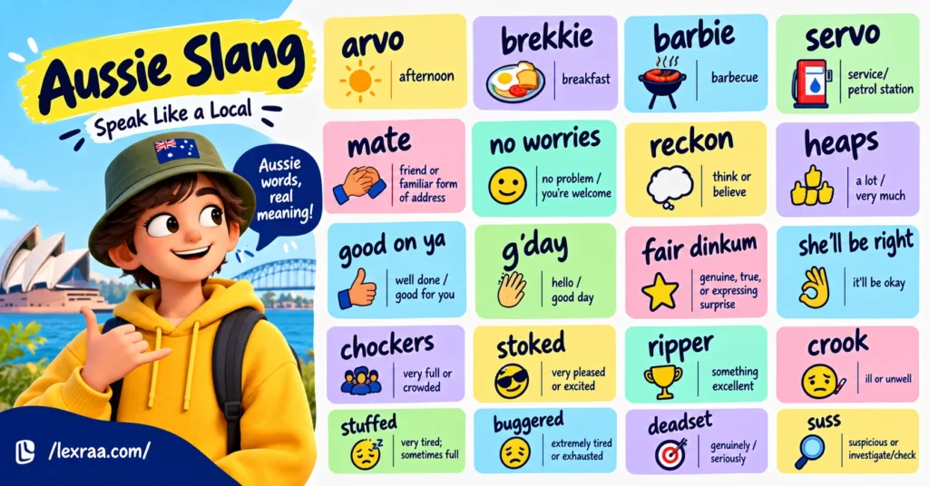 Aussie slang guide featuring a cheerful 3D cartoon traveler with an Australian hat, showing slang terms and meanings including ‘arvo,’ ‘brekkie,’ ‘barbie,’ ‘servo,’ ‘mate,’ ‘no worries,’ ‘reckon,’ ‘heaps,’ ‘good on ya,’ ‘g’day,’ ‘fair dinkum,’ ‘she’ll be right,’ ‘chockers,’ ‘stoked,’ ‘ripper,’ ‘crook,’ ‘stuffed,’ ‘buggered,’ ‘deadset,’ and ‘suss,’