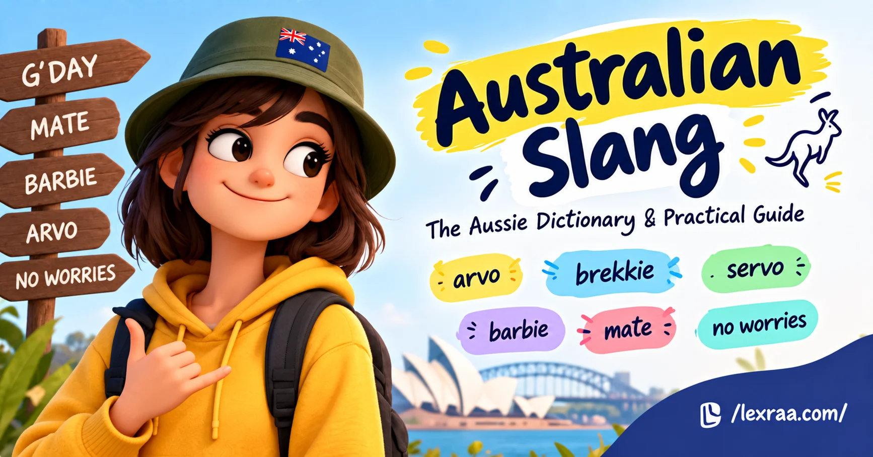 “Australian slang guide featured image with a cheerful 3D cartoon traveler wearing an Australian-flag hat and yellow hoodie, showing ‘Australian Slang,’ ‘arvo,’ ‘brekkie,’ ‘servo,’ ‘barbie,’ ‘mate,’ and ‘no worries,’ with Sydney landmarks