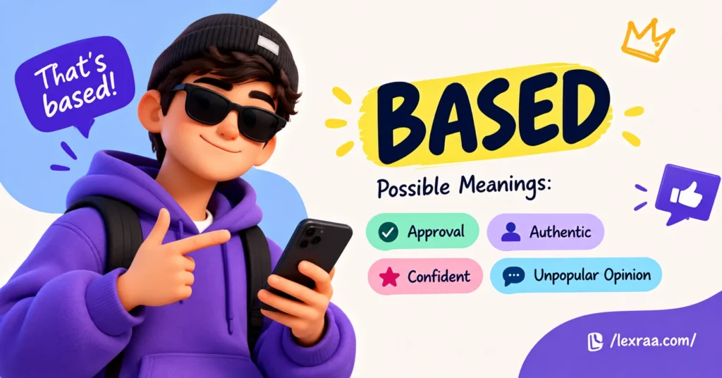 “Based slang meaning explained with a 3D cartoon character in a purple hoodie holding a smartphone, showing ‘Approval,’ ‘Authentic,’ ‘Confident,’ and ‘Unpopular Opinion,’
