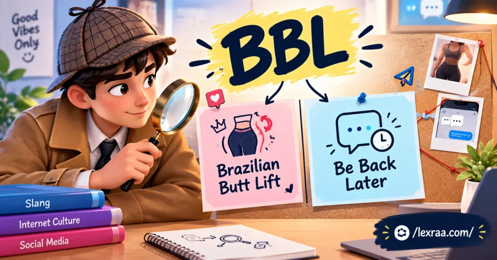 BBL slang meaning explained with a detective character, showing “Brazilian Butt Lift” and “Be Back Later,”