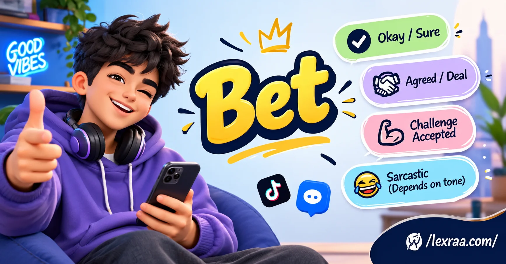 Bet slang meaning explained with a 3D cartoon character holding a smartphone, showing “Okay / Sure,” “Agreed / Deal,” “Challenge Accepted,” and “Sarcastic (Depends on tone),” with TikTok and chat icons