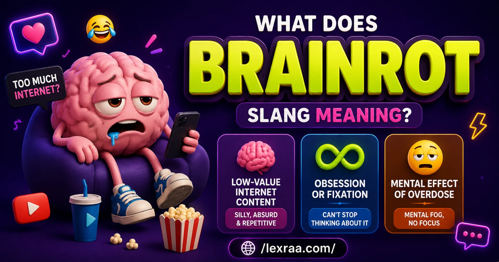 Colorful 3D cartoon brain character holding a smartphone, illustrating “Brainrot” slang as low-value internet content, obsession or fixation, and the mental effects of excessive online consumption,