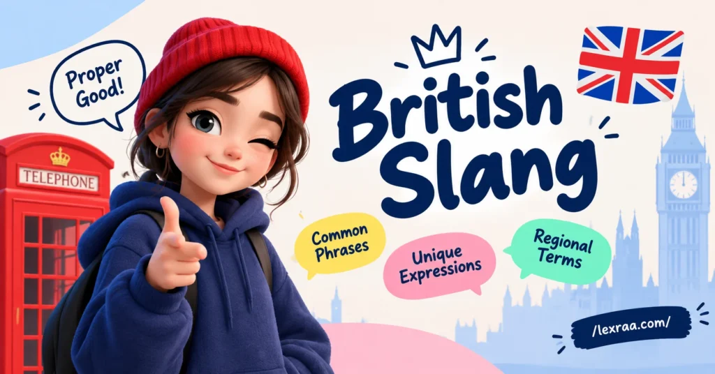 British slang featured image with a cartoon character, Union Jack, red telephone box, Big Ben, and speech bubbles highlighting common phrases, unique expressions, and regional terms, with /lexraa.com/.