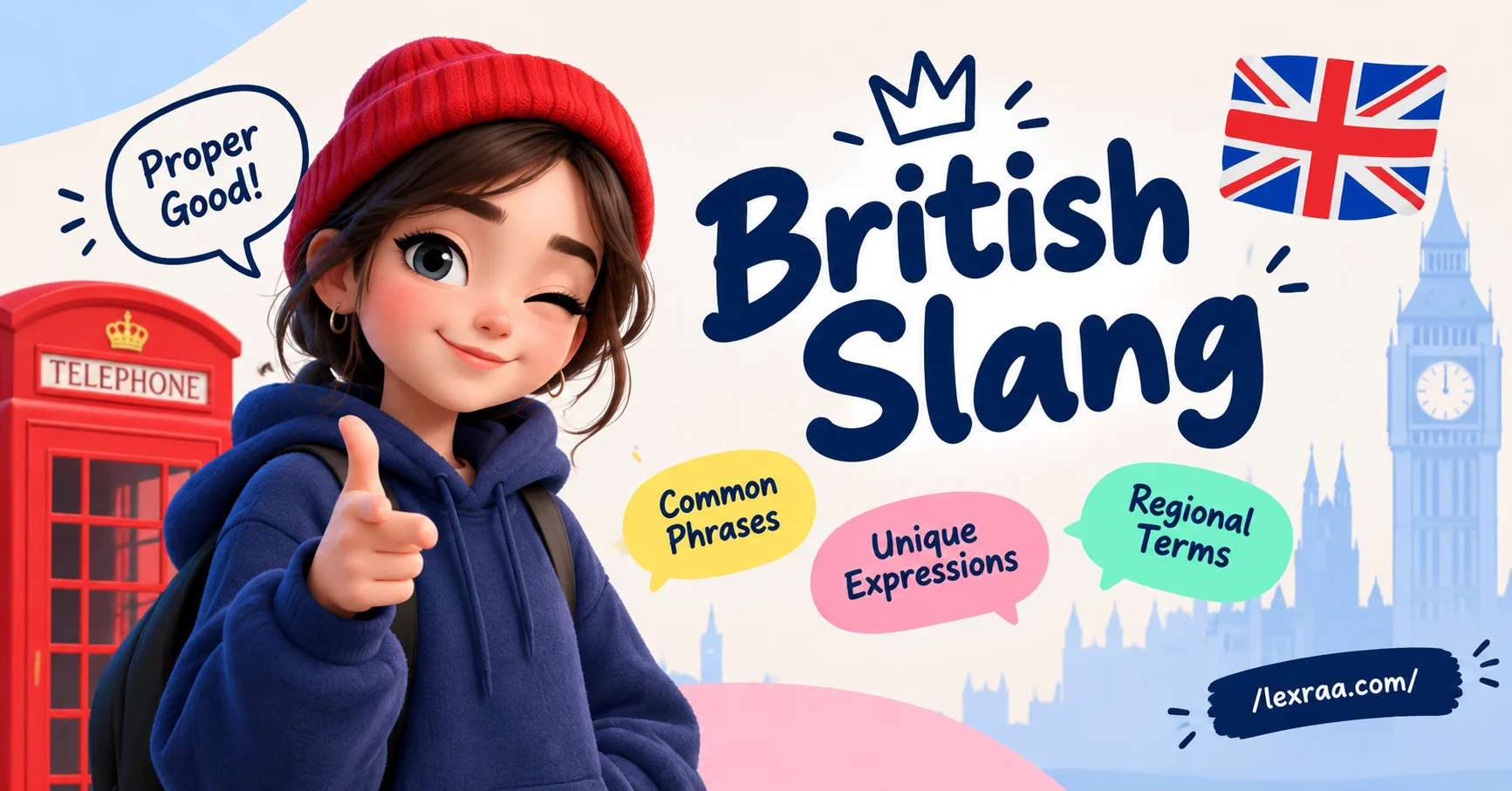 British slang featured image with a cartoon character, Union Jack, red telephone box, Big Ben, and speech bubbles highlighting common phrases, unique expressions, and regional terms, with /lexraa.com/.