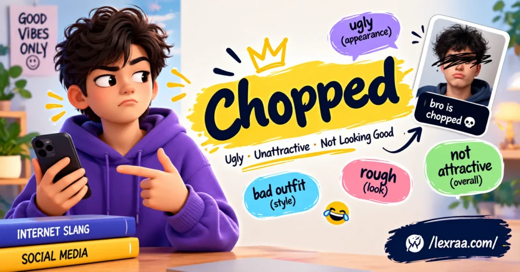 Chopped slang meaning explained with a 3D cartoon character holding a smartphone, showing “Ugly,” “Unattractive,” “Not Looking Good,” “Rough (Look),” and “Bad Outfit (Style),”