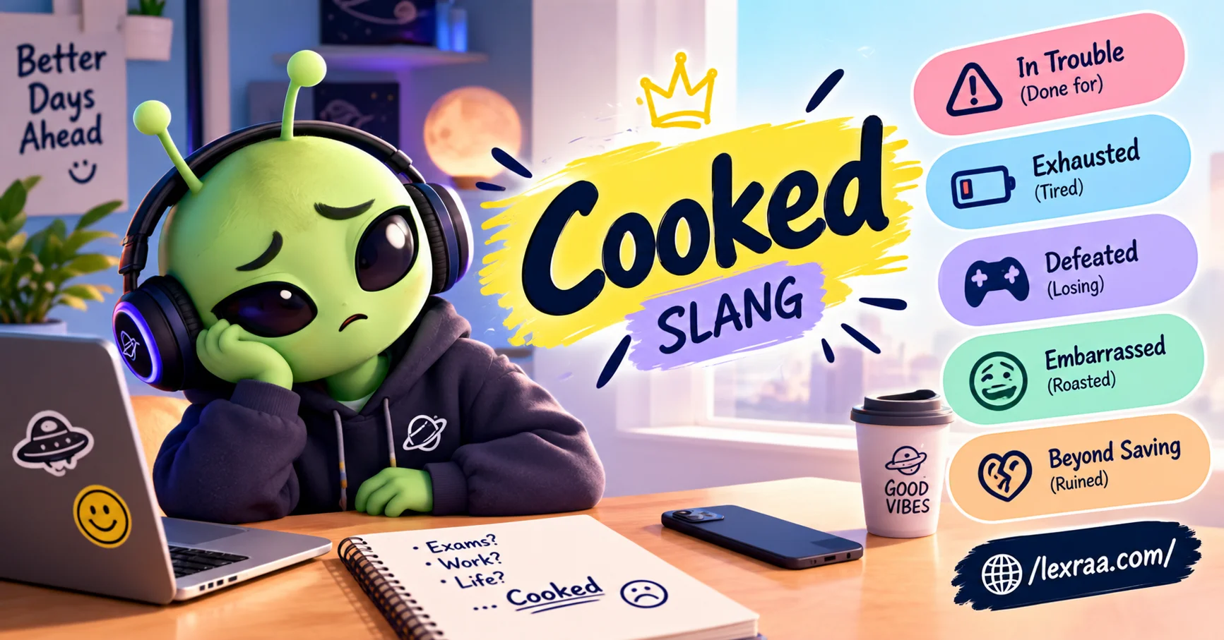 “Cooked slang meaning explained with a tired green alien wearing headphones, showing ‘In Trouble,’ ‘Exhausted,’ ‘Defeated,’ ‘Embarrassed,’ and ‘Beyond Saving,’
