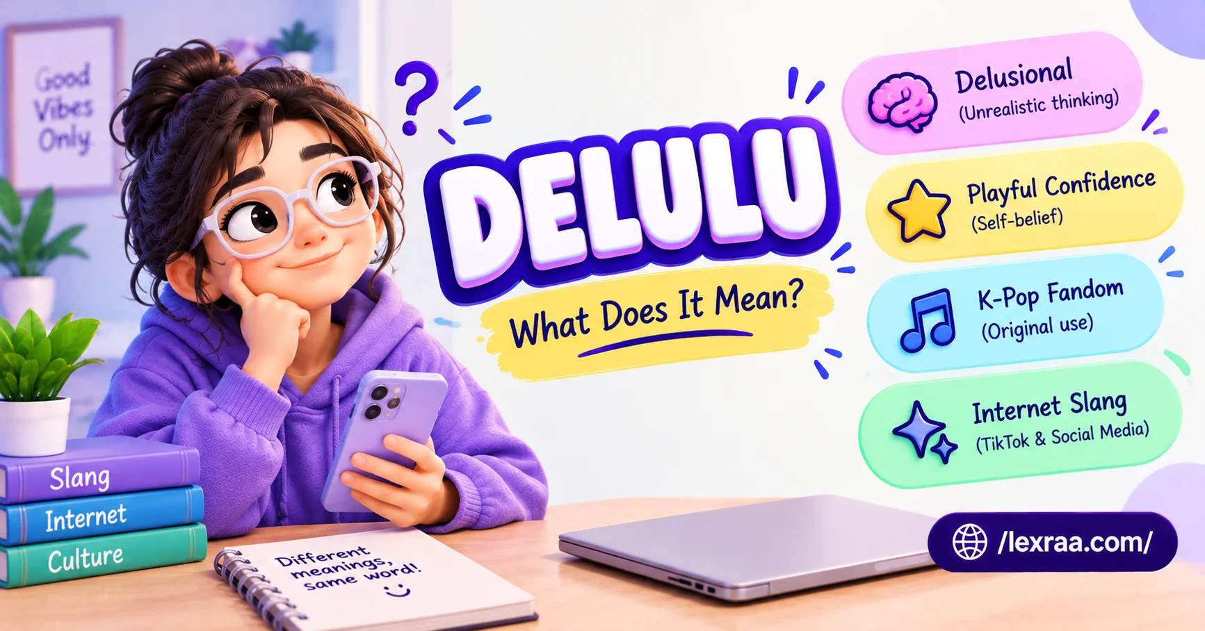Colorful 3D illustration of a cartoon woman holding a smartphone beside the large keyword “DELULU,” highlighting “Delusional,” “Playful Confidence,” K-pop fandom origins, and internet slang,