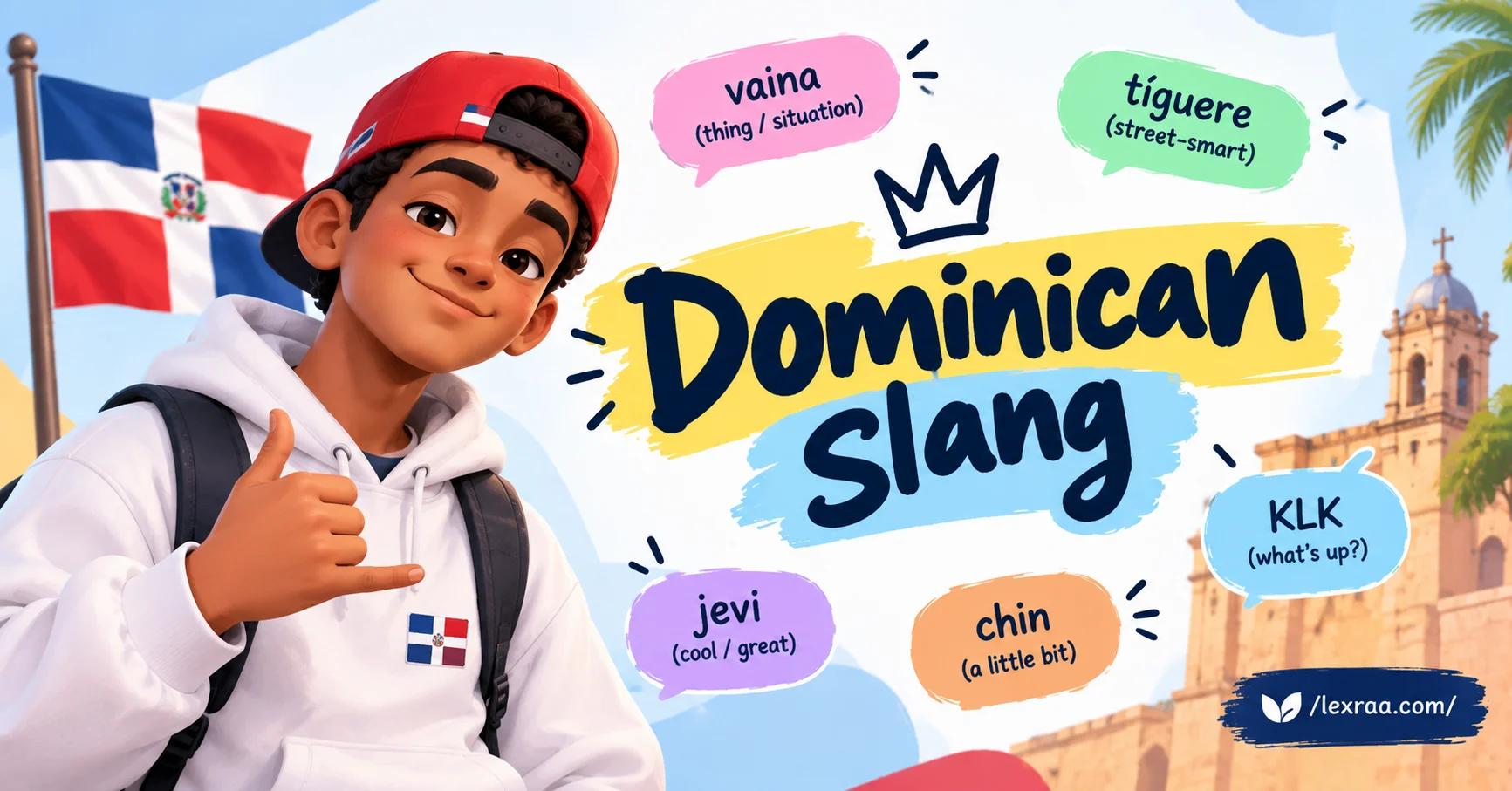 Dominican slang featured image showing a cartoon character in a red cap and white hoodie, with “Dominican Slang” prominently displayed alongside speech bubbles for vaina, tíguere, jevi, chin, and KLK, plus Dominican cultural imagery