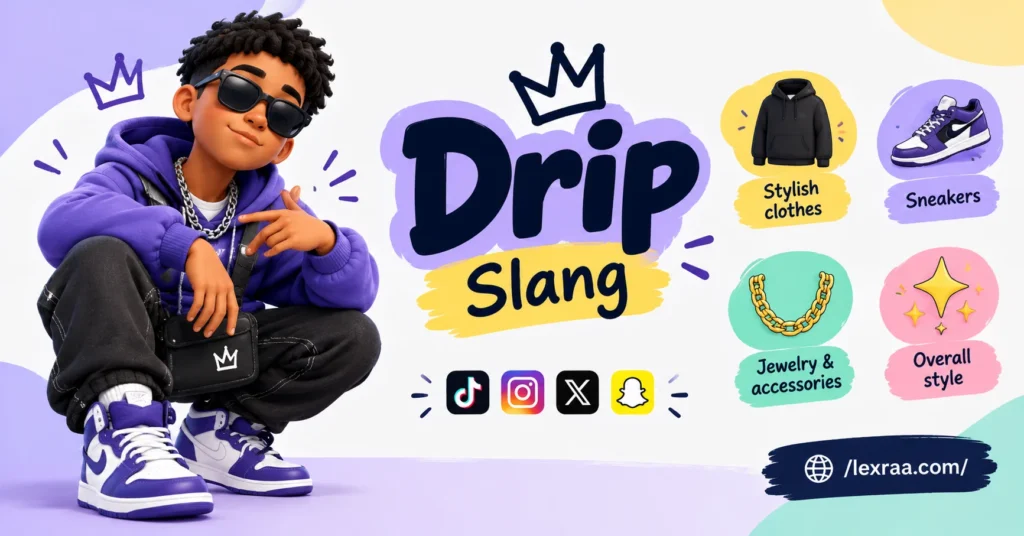 Drip slang featured image showing a stylish cartoon character with “Drip Slang” and visual meanings including stylish clothes, sneakers, jewelry and accessories, and overall style, with social media icons
