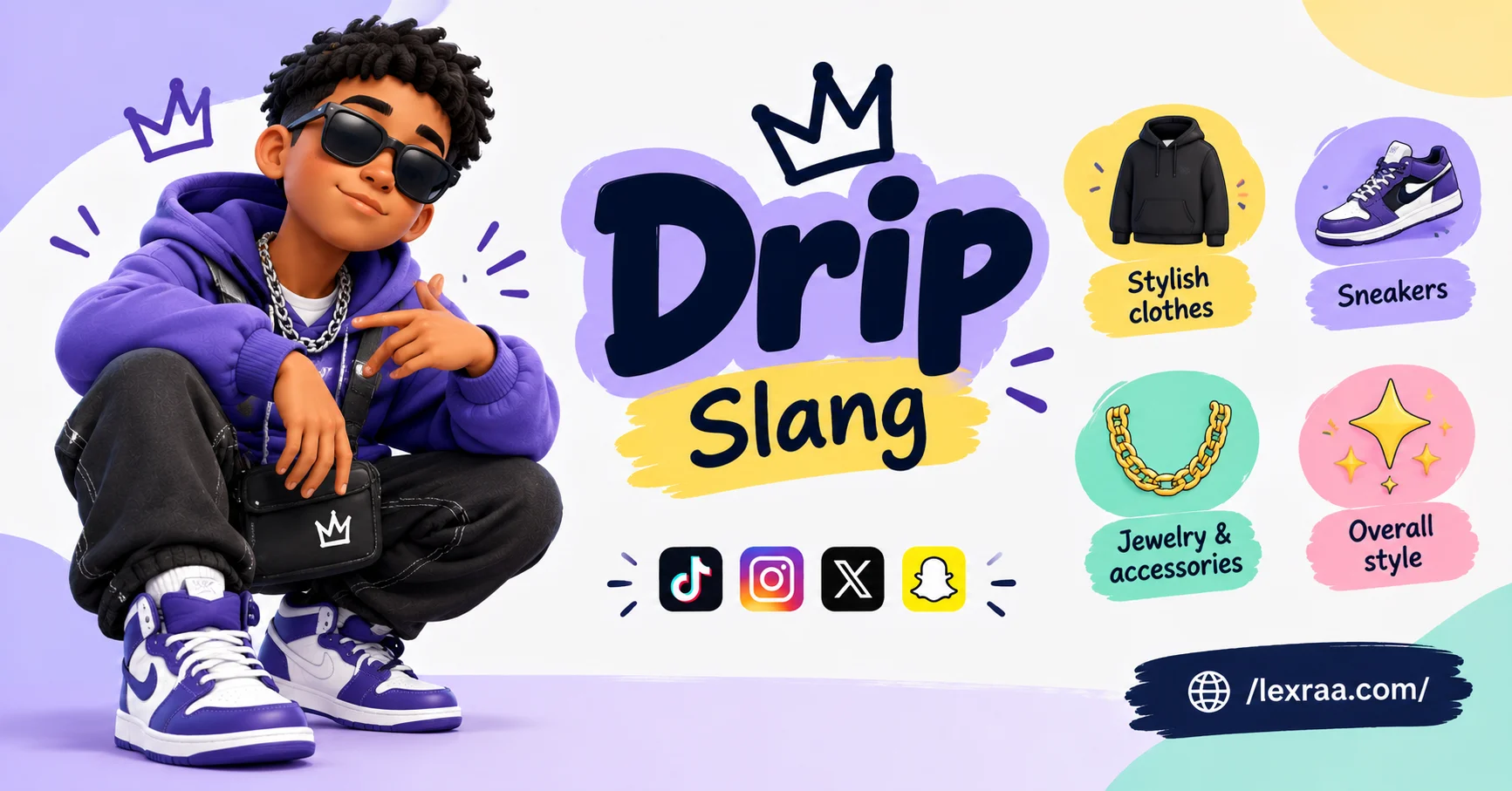 Drip slang featured image showing a stylish cartoon character with “Drip Slang” and visual meanings including stylish clothes, sneakers, jewelry and accessories, and overall style, with social media icons