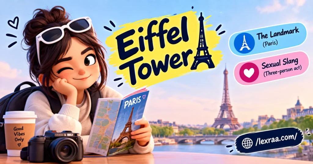 Eiffel Tower slang explained with a 3D cartoon traveler holding a Paris map, showing “The Landmark (Paris)” and “Sexual Slang (Three-person act),”
