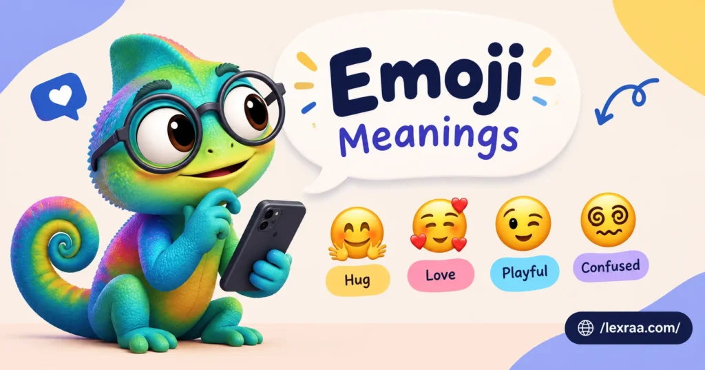 Colorful 3D chameleon holding a smartphone beside “Emoji Meanings,” with emoji examples representing hugs, love, playful reactions, and confusion,