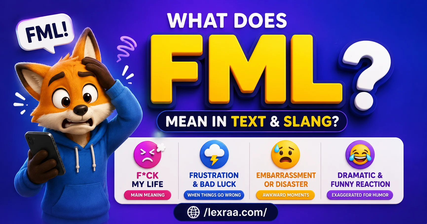 Colorful 3D cartoon fox holding a smartphone beside “FML,” explaining “F*ck My Life,” frustration and bad luck, embarrassment or disaster, and dramatic humor,