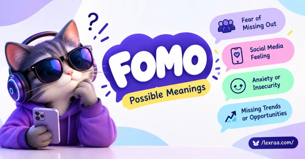FOMO meaning in text explained with a stylish cyber cat holding a smartphone, showing “Fear of Missing Out,” social media, anxiety, and missed trends,