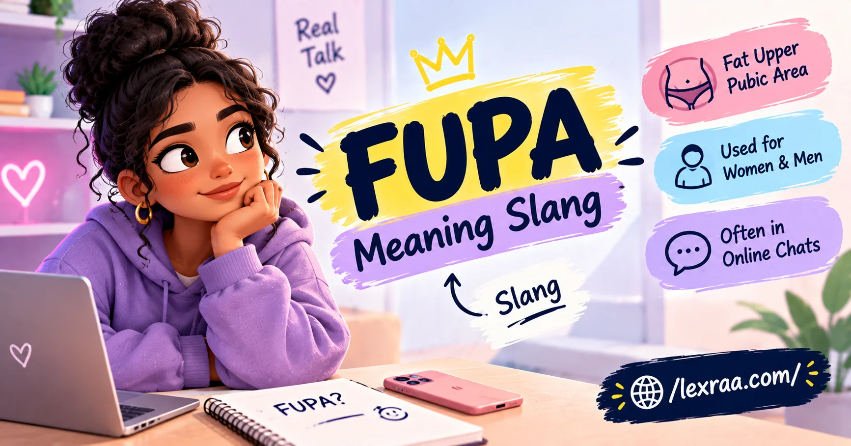 FUPA slang meaning featured image showing a 3D cartoon woman with “FUPA,” “Fat Upper Pubic Area,” “Used for Women & Men,” “Often in Online Chats,”