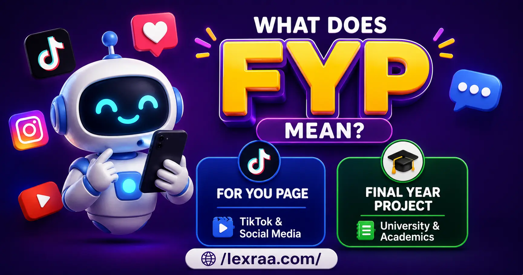 Colorful 3D robot holding a smartphone beside “FYP,” explaining “For You Page” for TikTok and social media and “Final Year Project” for university and academics,